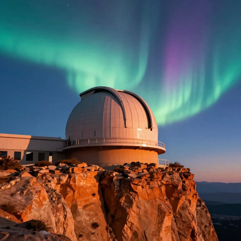 a cliffside observatory beneath an aurora, cinematic architectural photography, crisp material detail, ochre and ultrama