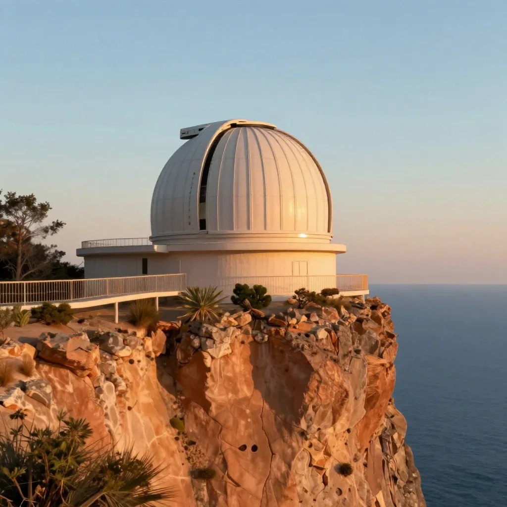 a cliffside observatory during golden hour, contemporary botanical illustration, restrained color harmony, terracotta an