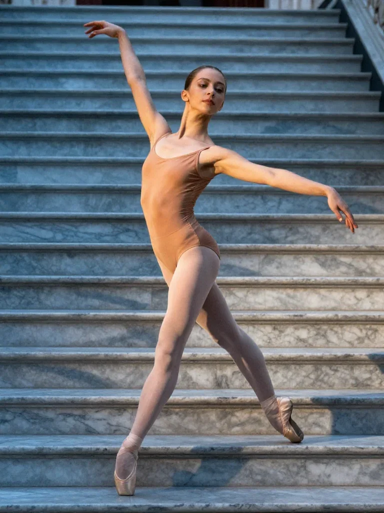 a ballet dancer in a bare-shoulder leotard, mid-extension in a confident cinematic stride, on a marble staircase at dawn