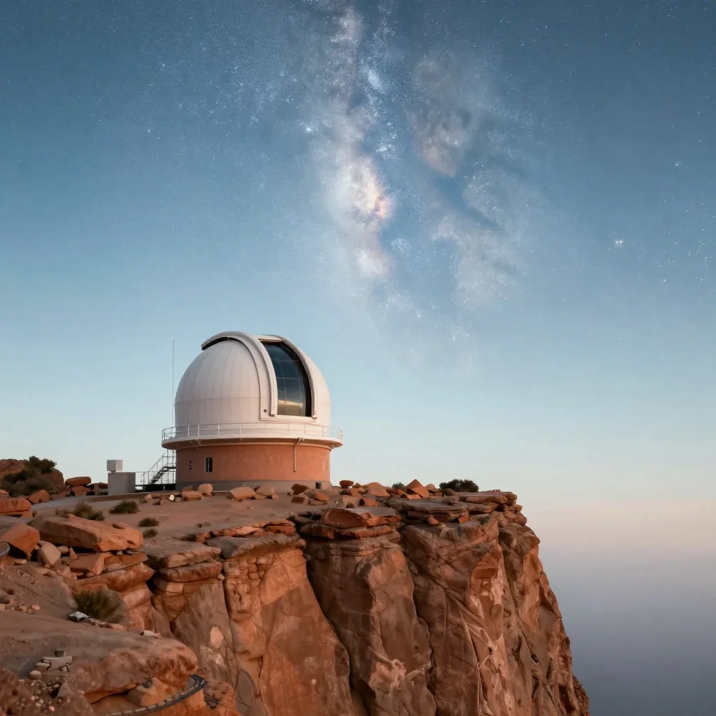 a cliffside observatory beneath a star-filled sky, quiet science-fiction concept art, soft volumetric light, terracotta 