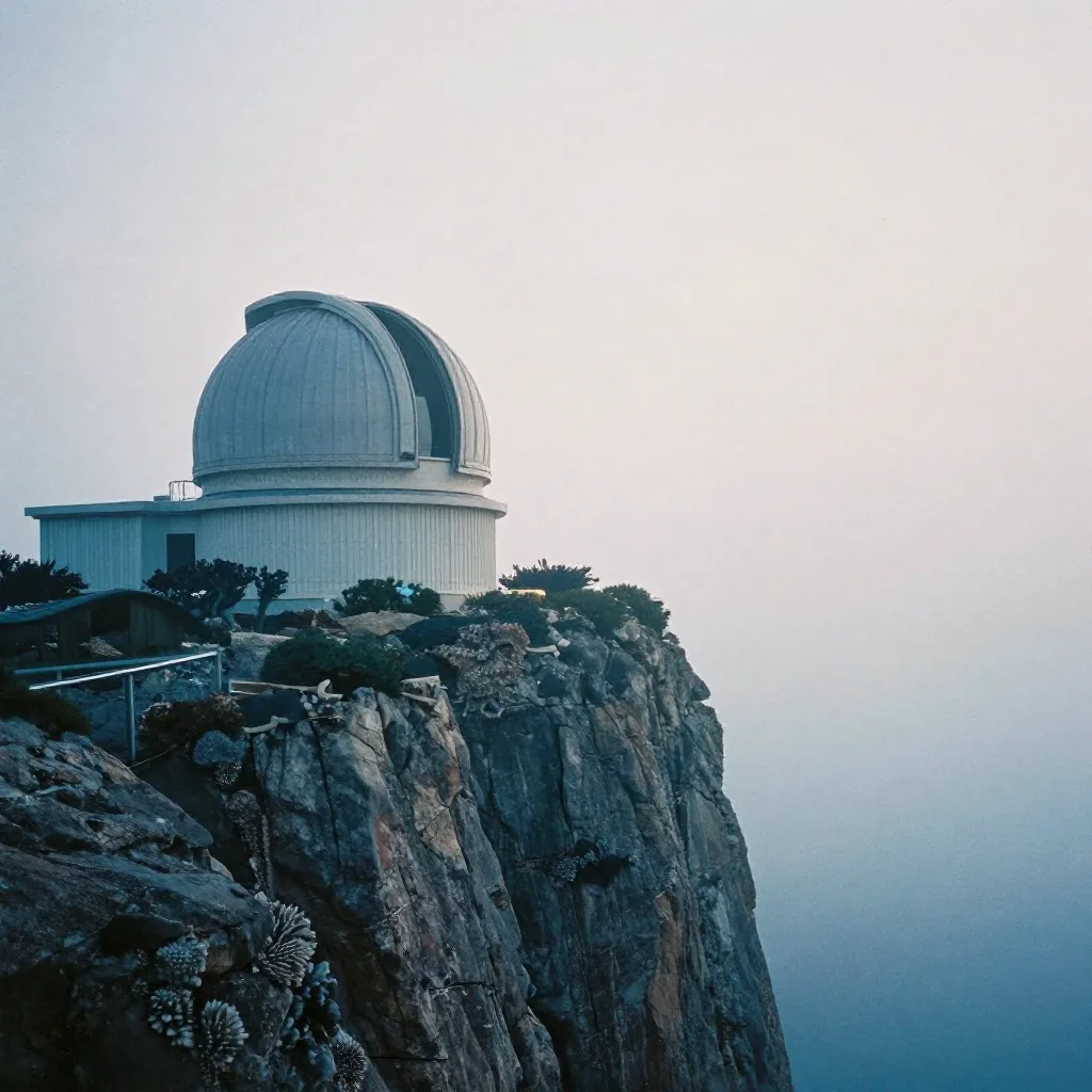 a cliffside observatory under soft dawn fog, soft-grain analog film photography, weathered tactile surfaces, coral and m