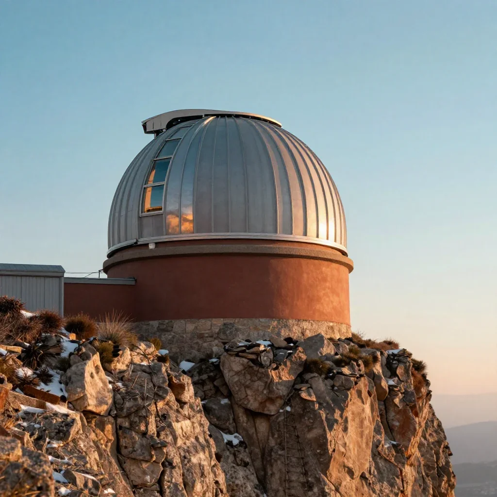 a cliffside observatory in crisp winter sunlight, cinematic architectural photography, gentle reflected light, terracotta and pale sky blue palette, no people, no text, no logo, no watermark