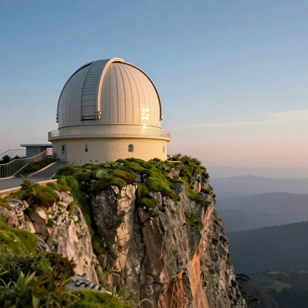 a cliffside observatory at blue hour, refined editorial travel photography, gentle reflected light, moss green and cream