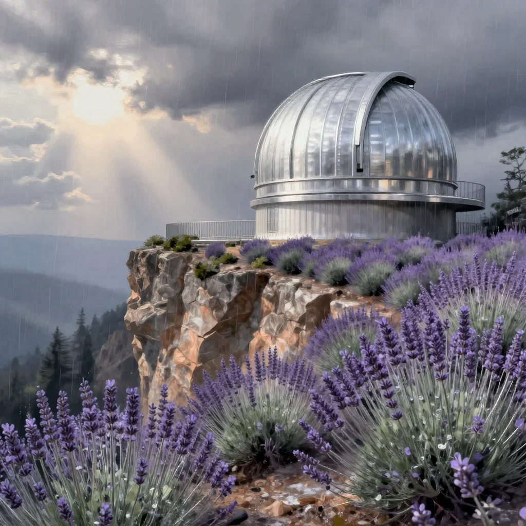 a cliffside observatory after warm summer rain, contemporary botanical illustration, atmospheric depth, lavender and sil