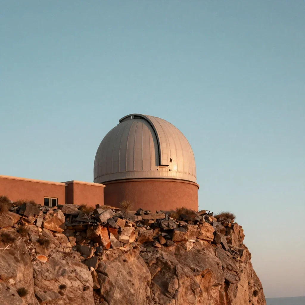 a cliffside observatory beneath a star-filled sky, cinematic architectural photography, restrained color harmony, terrac