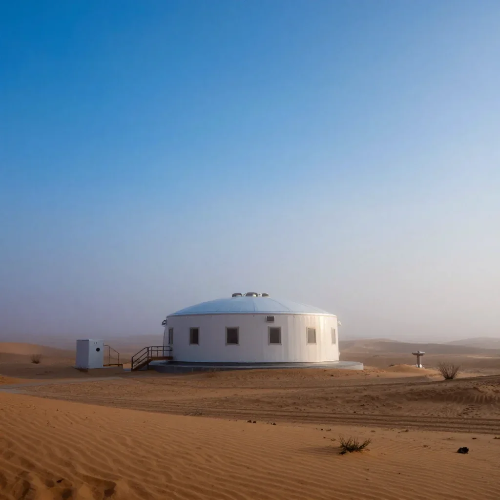 a desert research station under soft dawn fog, refined editorial travel photography, clean natural textures, cobalt and 