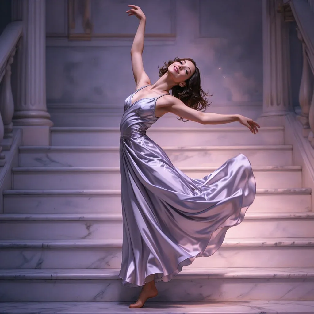 a dancer mid-spin in a silk maxi dress in a graceful contrapposto pose, on a marble staircase at dawn, Vogue-style studi