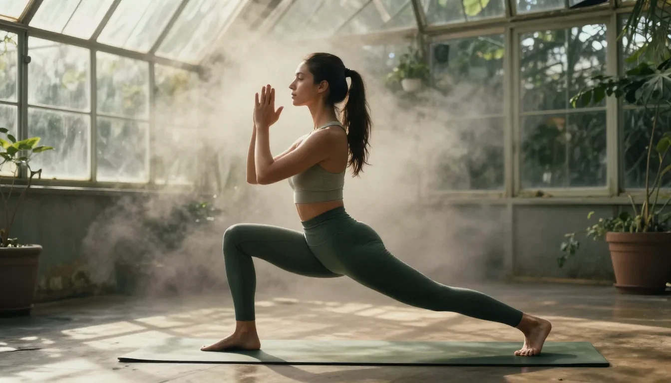 a fitness creator stretching in a sunlit loft in a low lunge with a lifted chin, in a greenhouse humid with mist, neo-no