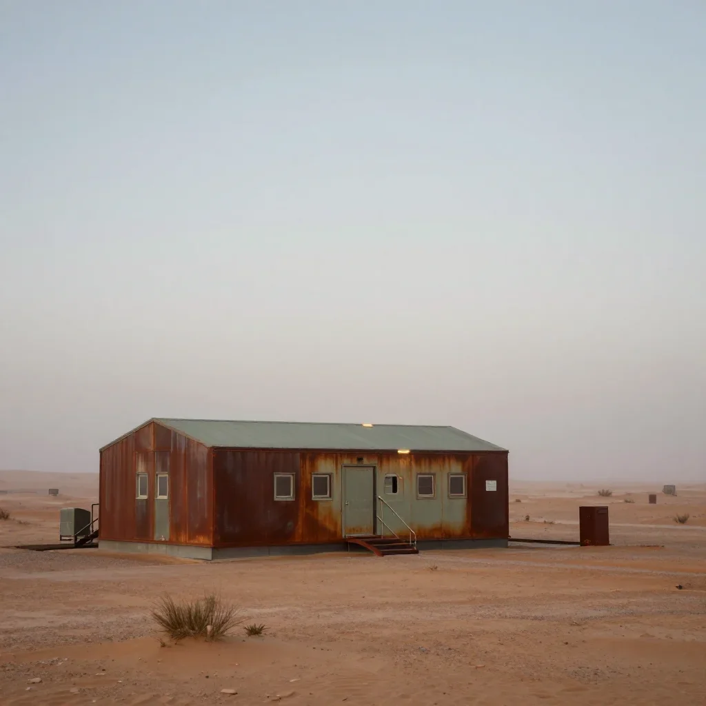 a desert research station under soft dawn fog, museum-quality still-life photography, calm negative space, rust and sage