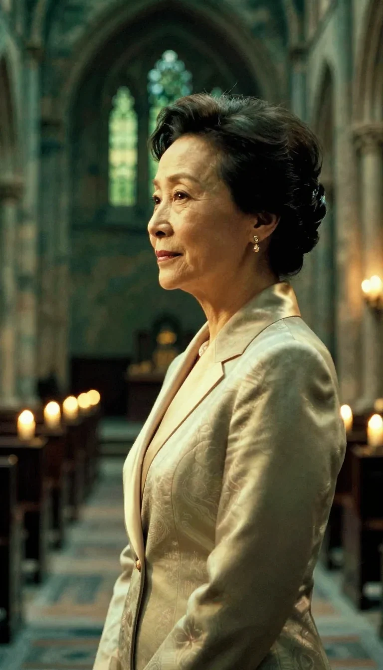 an elegant older stateswoman in a silk scarf in a dramatic three-quarter profile, in a candle-lit cathedral ruin, Wong K