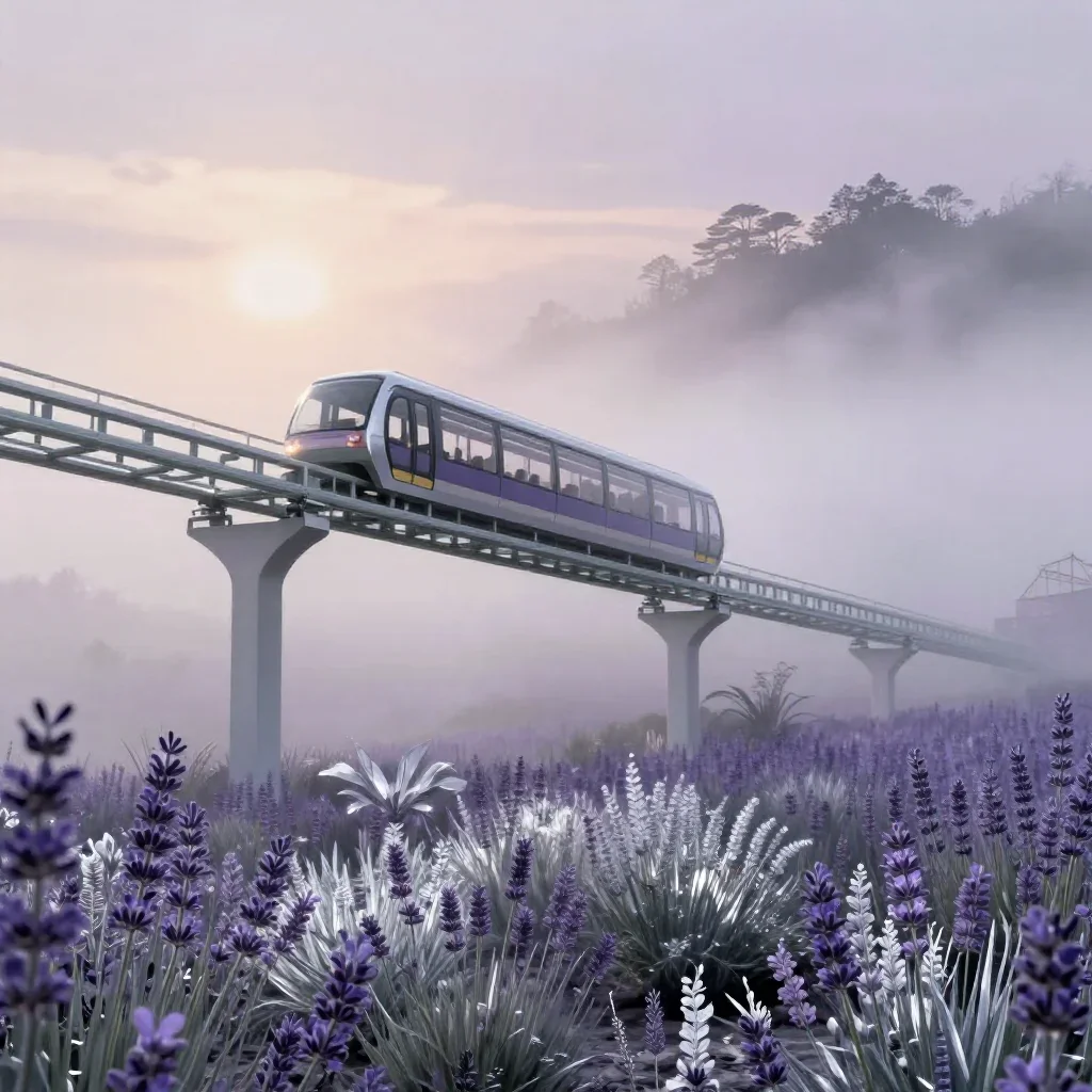 a glass monorail under soft dawn fog, contemporary botanical illustration, soft volumetric light, lavender and silver pa