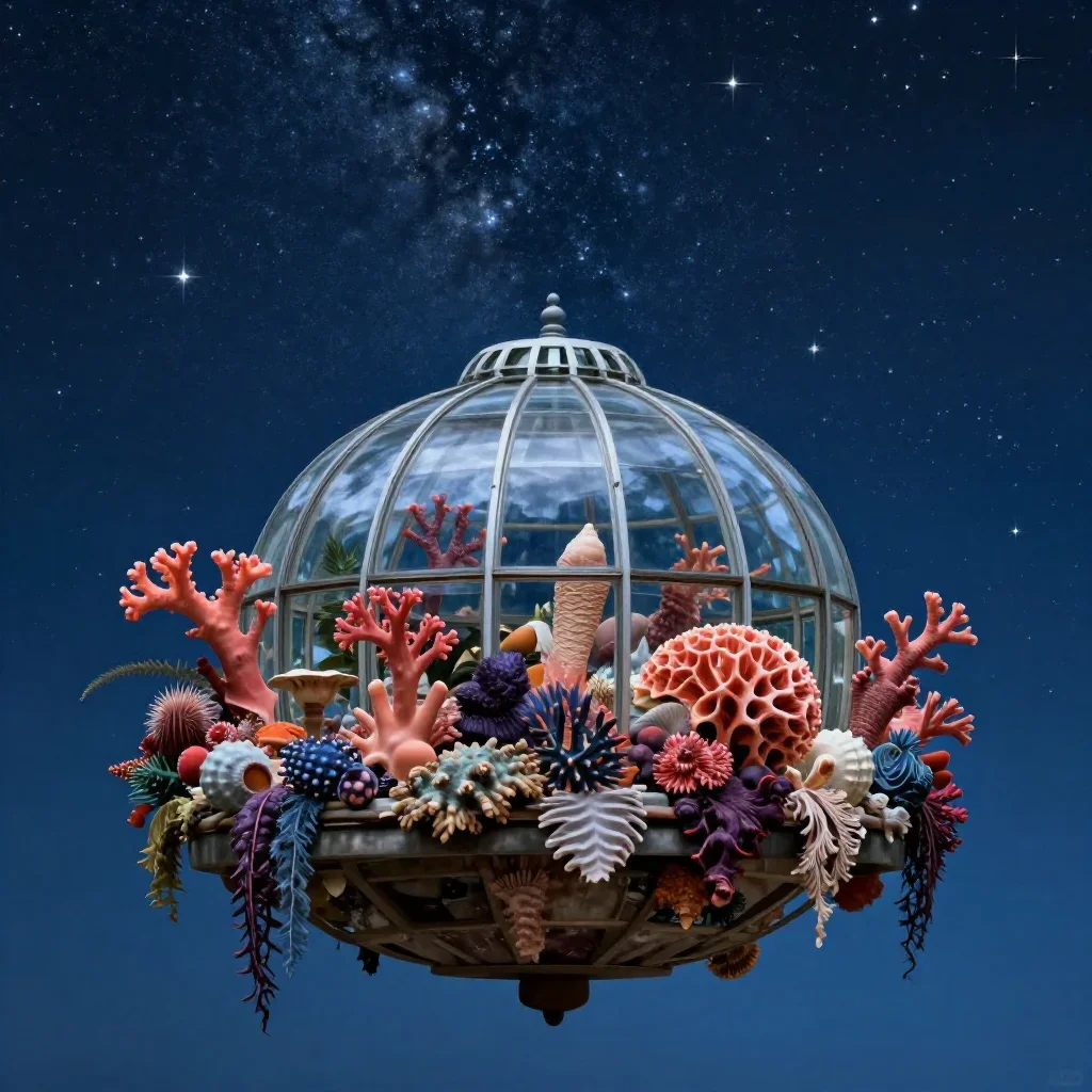 a floating botanical conservatory beneath a star-filled sky, high-end design magazine photography, restrained color harm