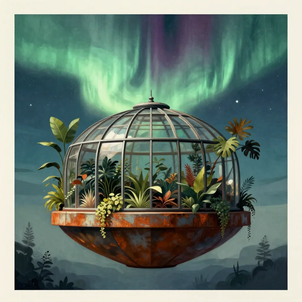 a floating botanical conservatory beneath an aurora, modernist poster illustration, atmospheric depth, rust and sage pal