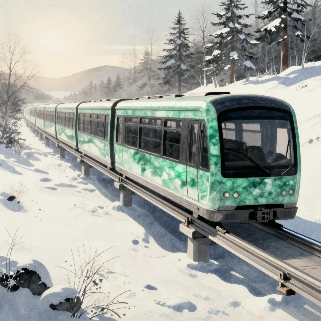 a glass monorail in crisp winter sunlight, Japanese woodblock-inspired editorial art, clean natural textures, jade and c