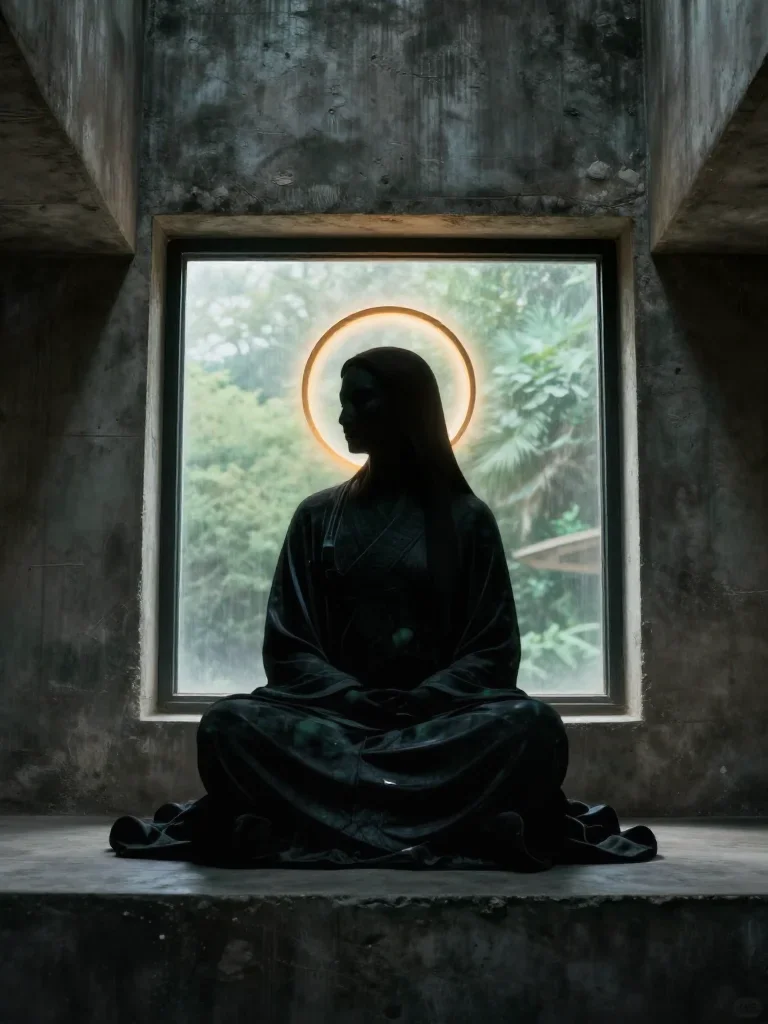 a celestial priestess with haloed candlelight in a seated silhouette against a window, in a brutalist concrete atrium, W