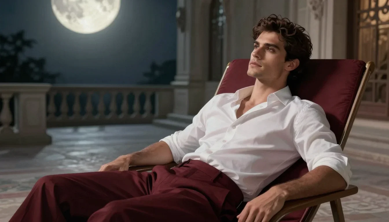 a handsome man in a rolled-sleeve white shirt reclining elegantly on a chaise, in a moonlit palace courtyard, futuristic