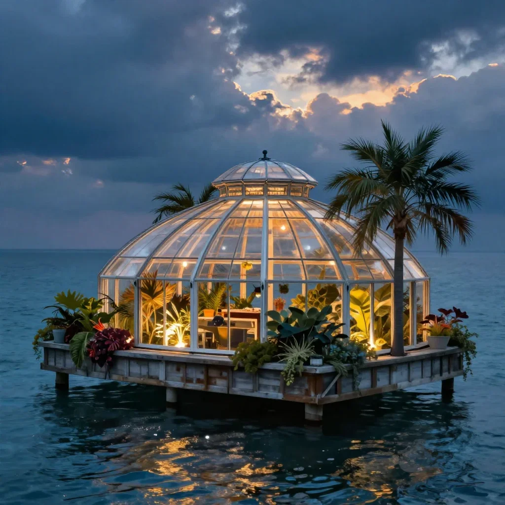 a floating botanical conservatory in a gentle sea breeze, refined editorial travel photography, atmospheric depth, cobal