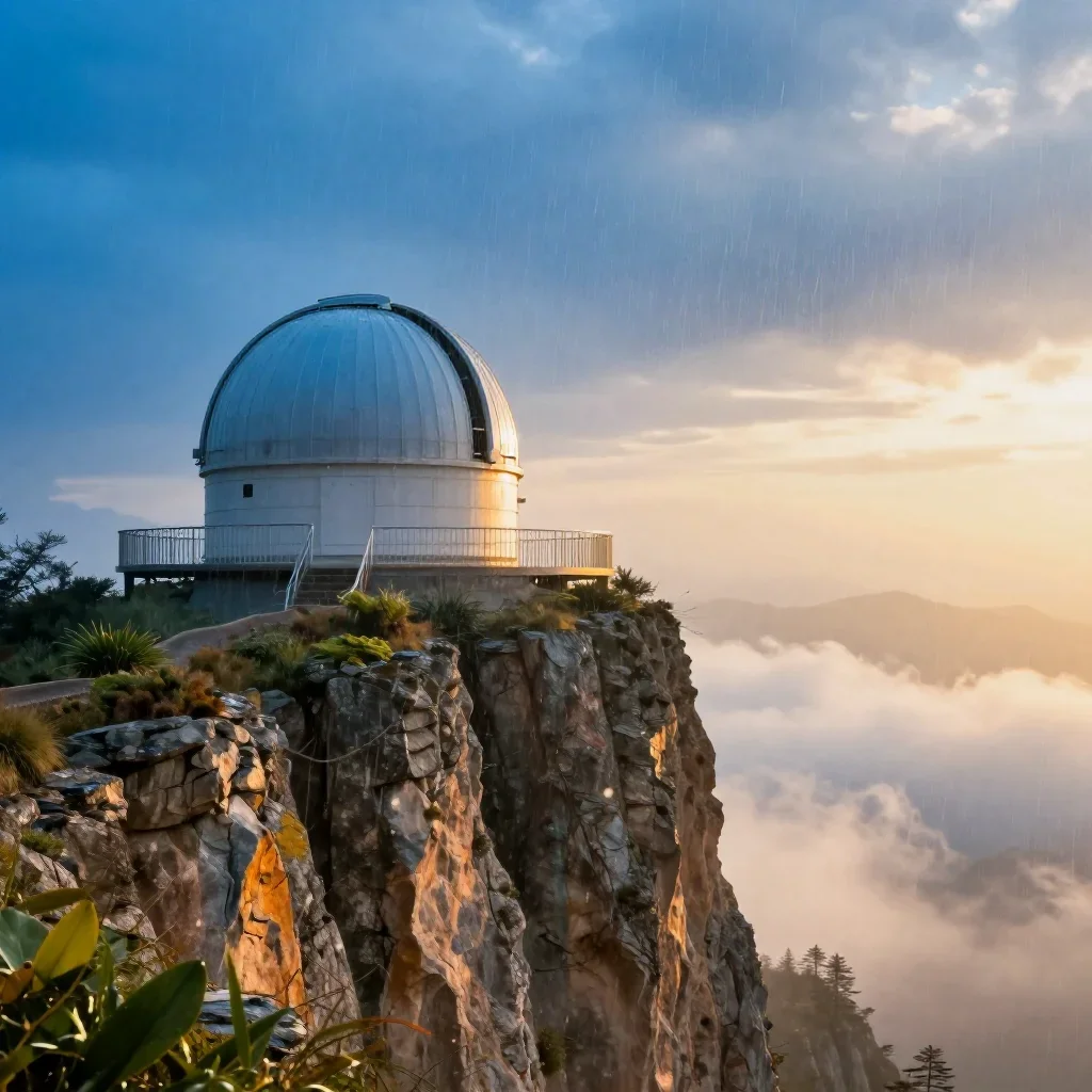 a cliffside observatory after warm summer rain, high-end design magazine photography, soft volumetric light, cobalt and