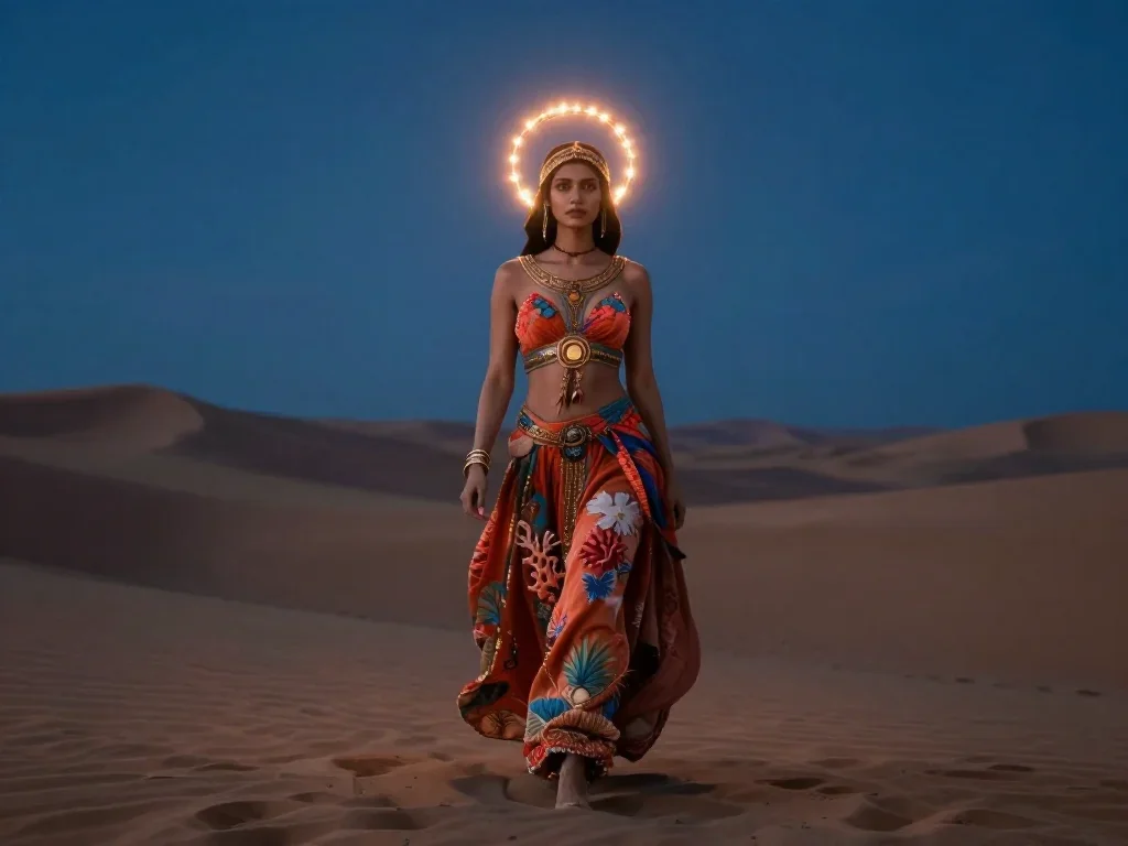 a celestial priestess with haloed candlelight in a confident cinematic stride, in a silent desert at twilight, dreamlike