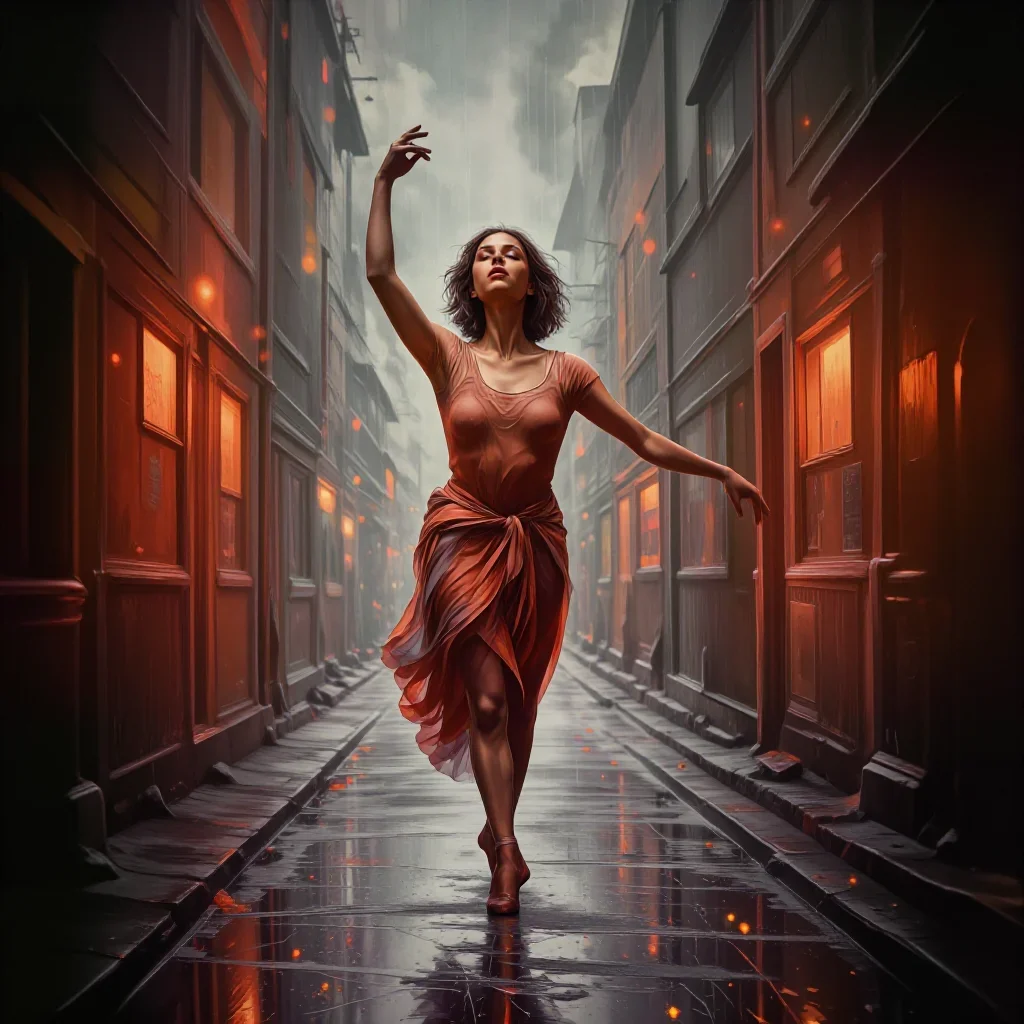 a ballet dancer in a bare-shoulder leotard, mid-extension in a deep breath with eyes closed, in a rain-slick neon alley,