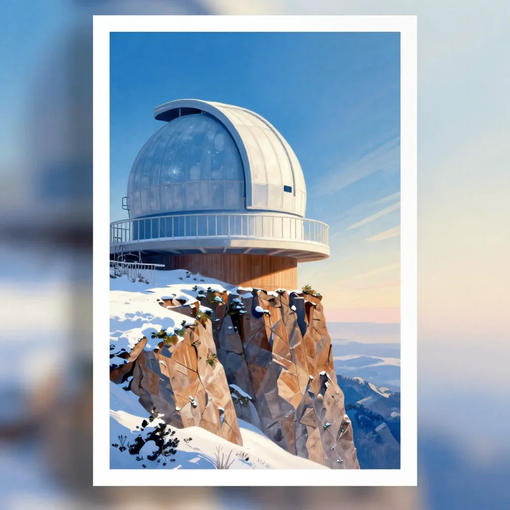 a cliffside observatory in crisp winter sunlight, modernist poster illustration, careful geometric composition, ice blue