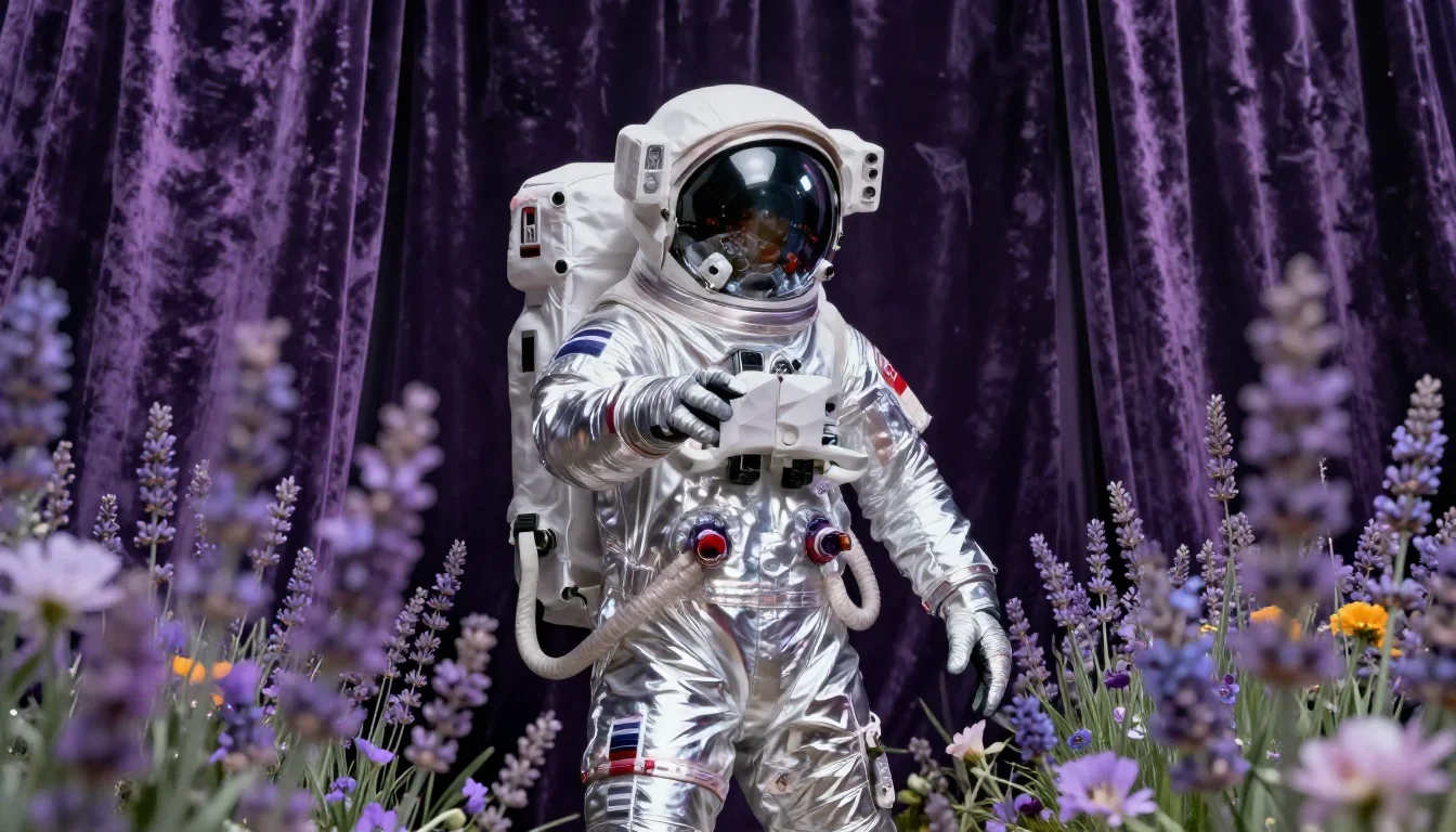 an astronaut in a reflective bodysuit among wildflowers in a gentle reach toward the lens, in a velvet-curtained boudoir