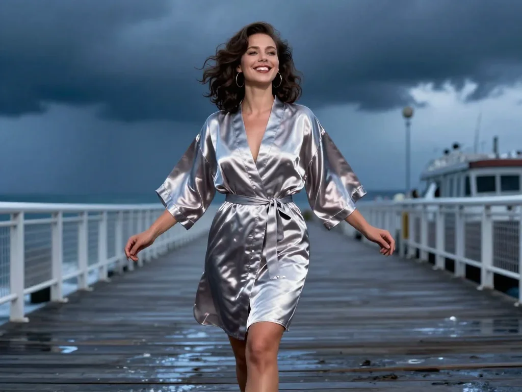 a smiley lounge singer in a satin robe in a confident cinematic stride, on a storm-washed boardwalk, cinematic film stil