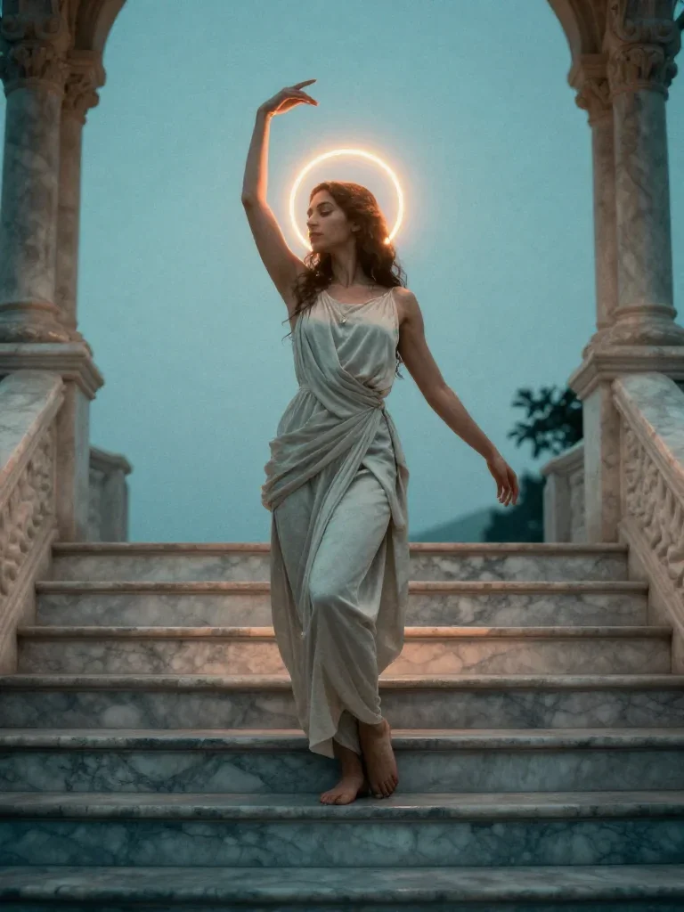 a celestial priestess with haloed candlelight in a graceful contrapposto pose, on a marble staircase at dawn, soft-grain