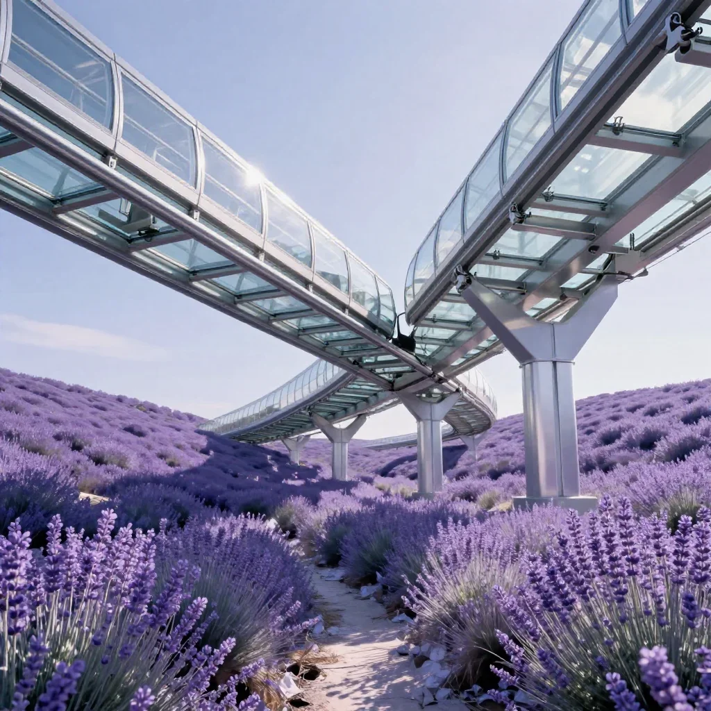 a glass monorail in crisp winter sunlight, cinematic architectural photography, careful geometric composition, lavender 