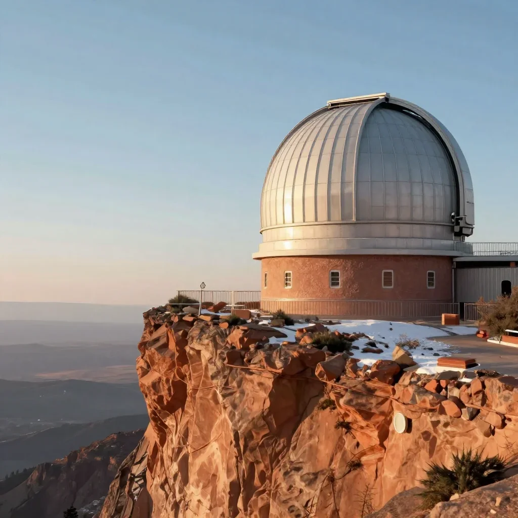 a cliffside observatory in crisp winter sunlight, quiet science-fiction concept art, atmospheric depth, terracotta and p