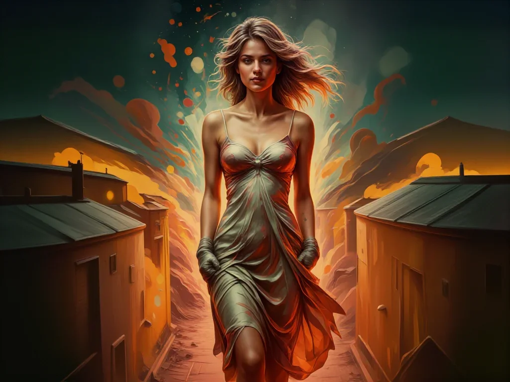 a young woman in a flowing silk gown standing tall with hands in pockets, on a neon-lit rooftop at midnight, dreamlike f