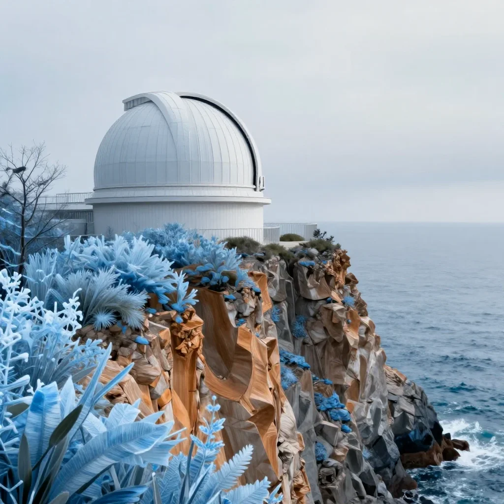 a cliffside observatory under overcast coastal light, contemporary botanical illustration, soft volumetric light, ice bl