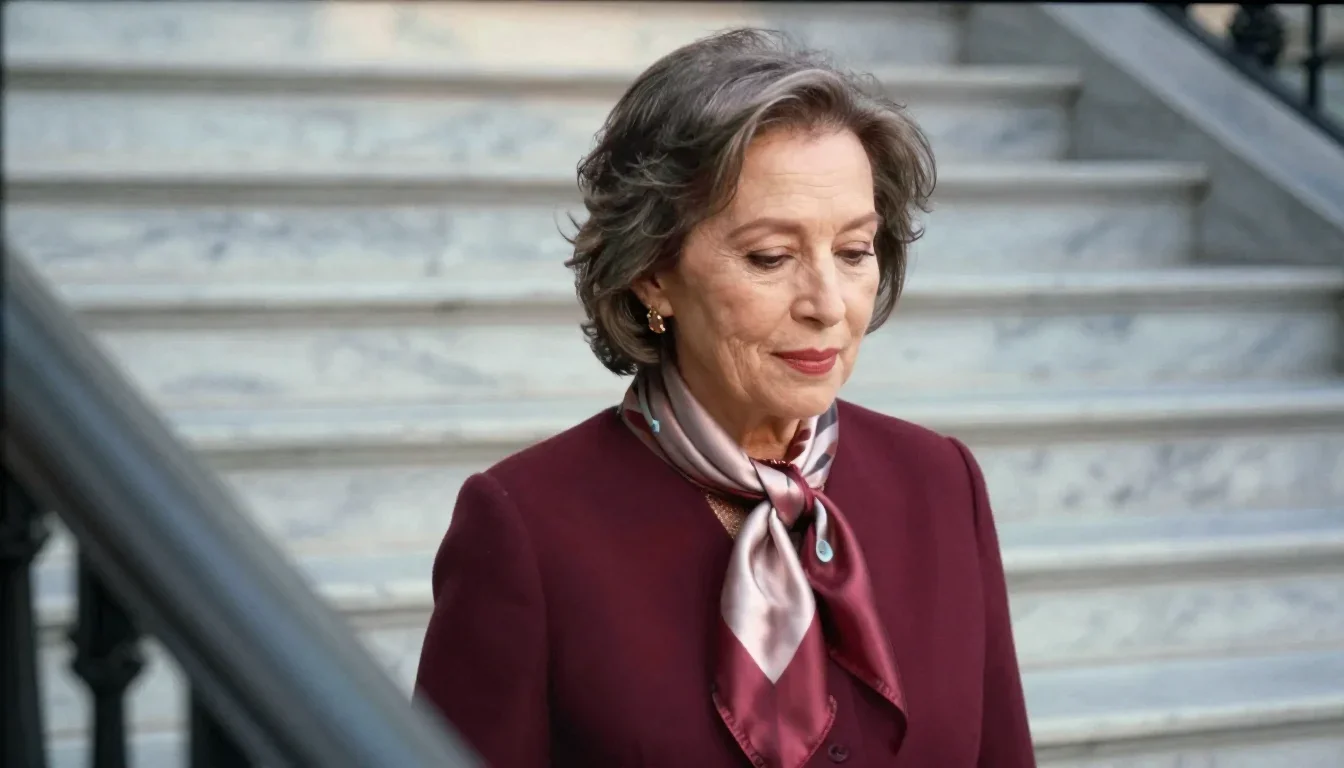 an elegant older stateswoman in a silk scarf in a coy glance from under lowered lashes, on a marble staircase at dawn, s