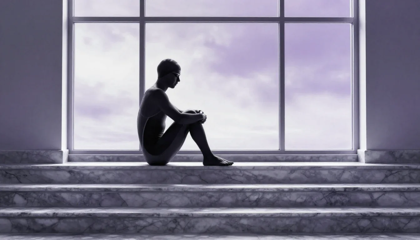 a swimmer before the plunge in a racing suit in a seated silhouette against a window, on a marble staircase at dawn, dre