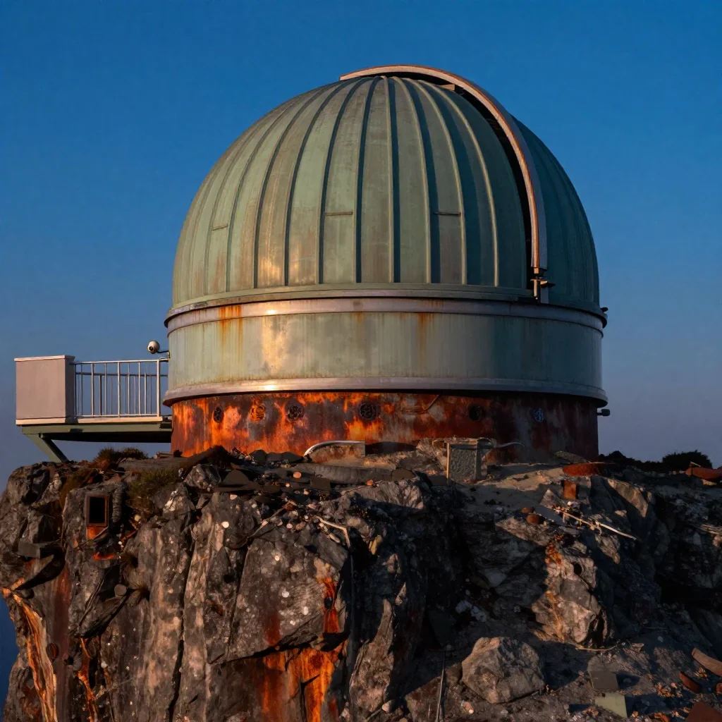 a cliffside observatory at blue hour, museum-quality still-life photography, atmospheric depth, rust and sage palette, n