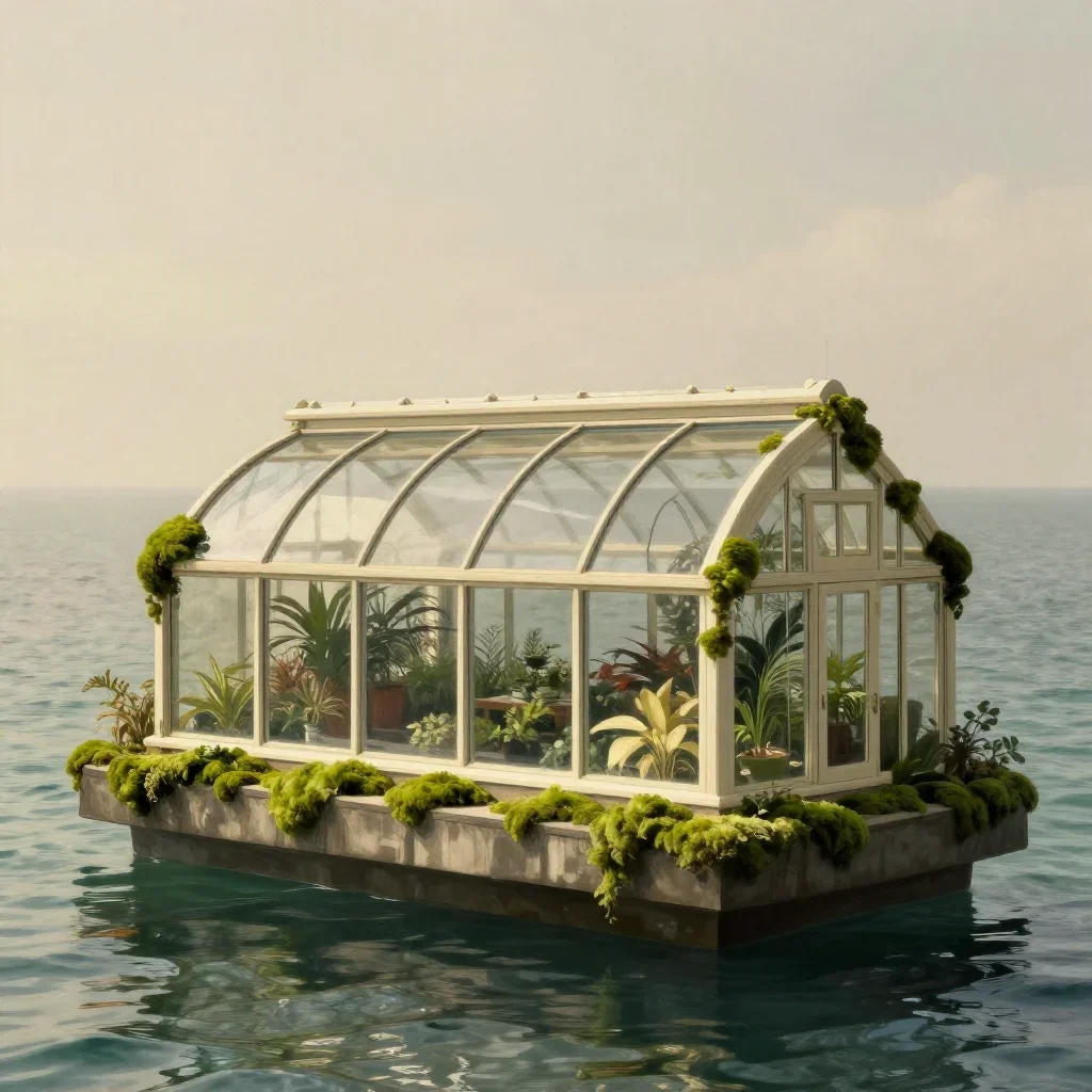 a floating botanical conservatory in a gentle sea breeze, museum-quality still-life photography, calm negative space, mo