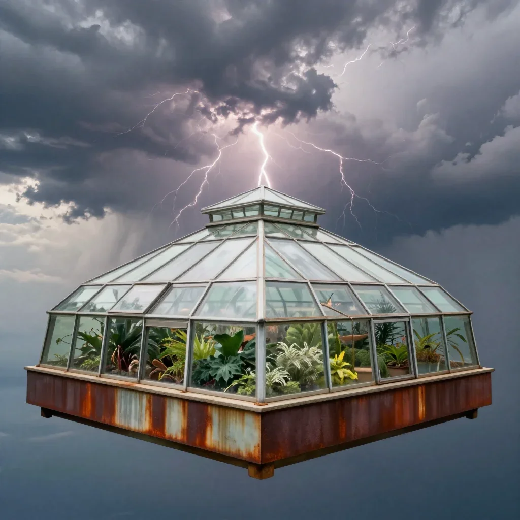 a floating botanical conservatory after a distant thunderstorm, dreamlike fine-art landscape photography, careful geomet