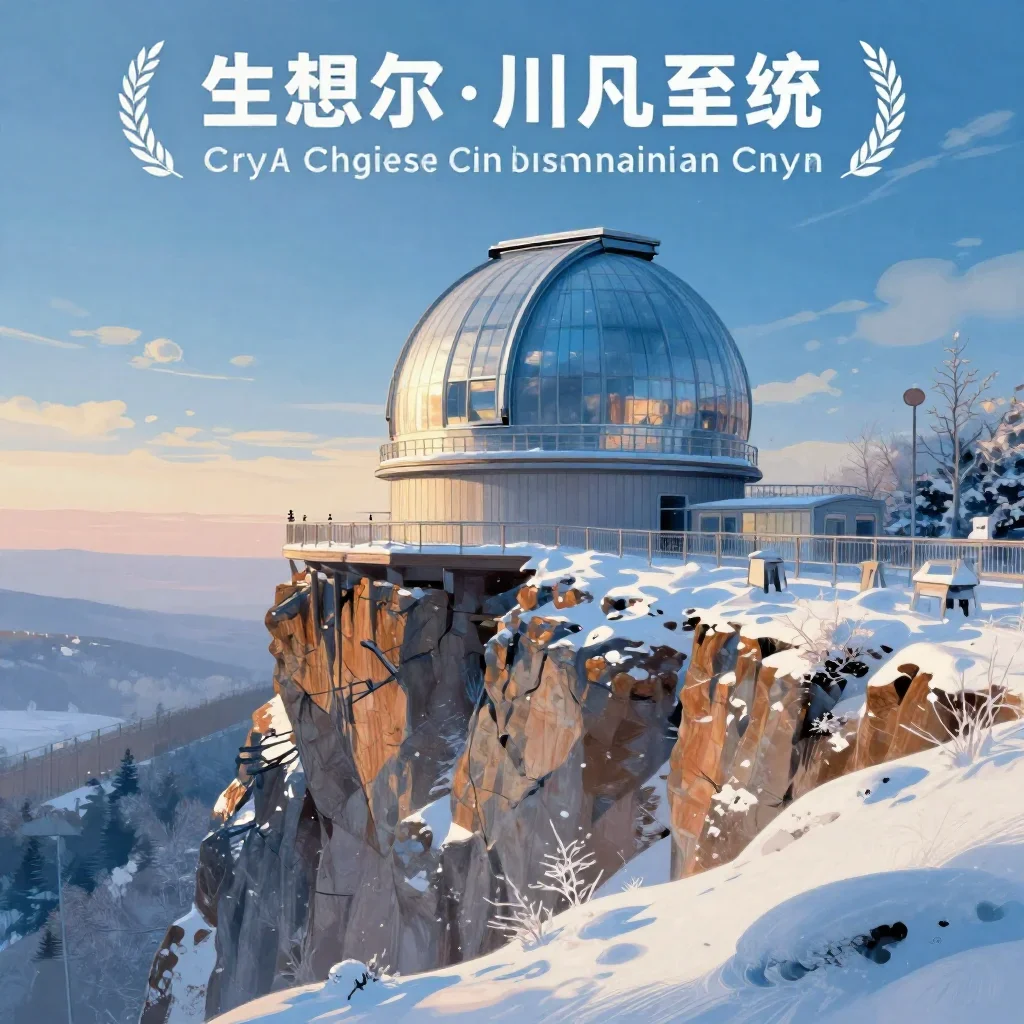 a cliffside observatory in crisp winter sunlight, modernist poster illustration, gentle reflected light, ice blue and wa