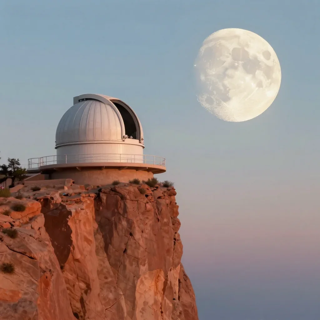 a cliffside observatory at moonrise, modernist poster illustration, atmospheric depth, terracotta and pale sky blue pale