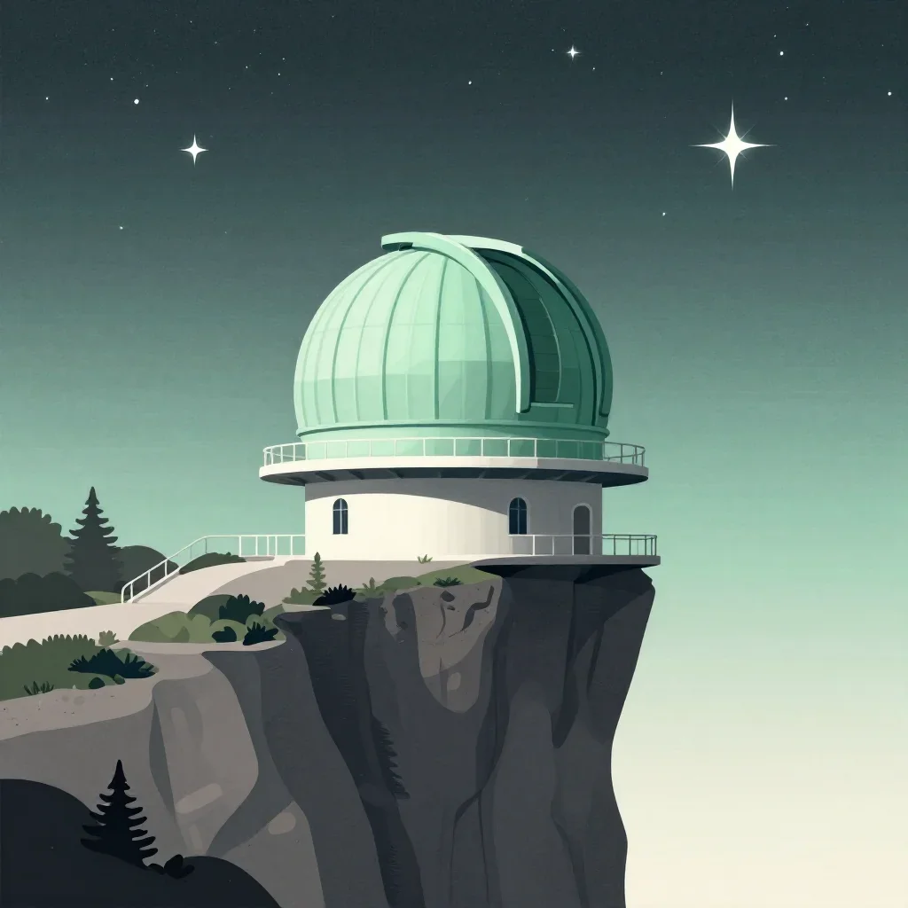 a cliffside observatory beneath a star-filled sky, modernist poster illustration, clean natural textures, jade and charcoal palette, no people, no text, no logo, no watermark
