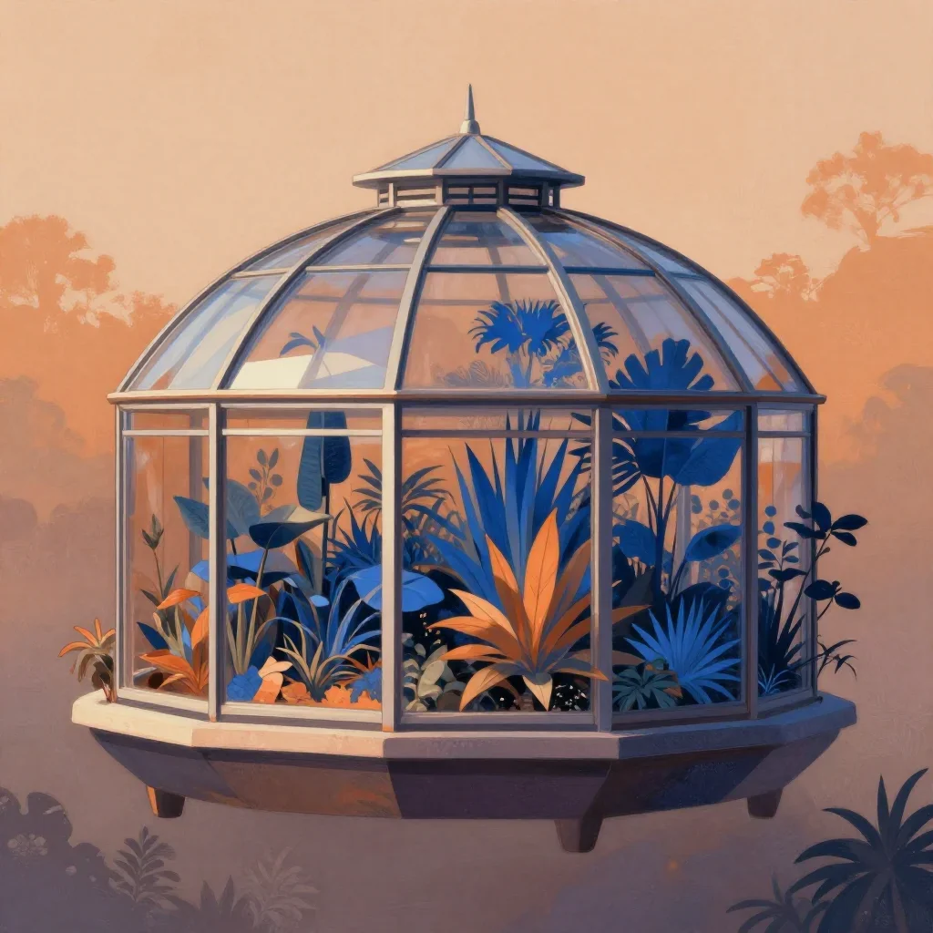 a floating botanical conservatory in quiet late-afternoon haze, contemporary botanical illustration, careful geometric c