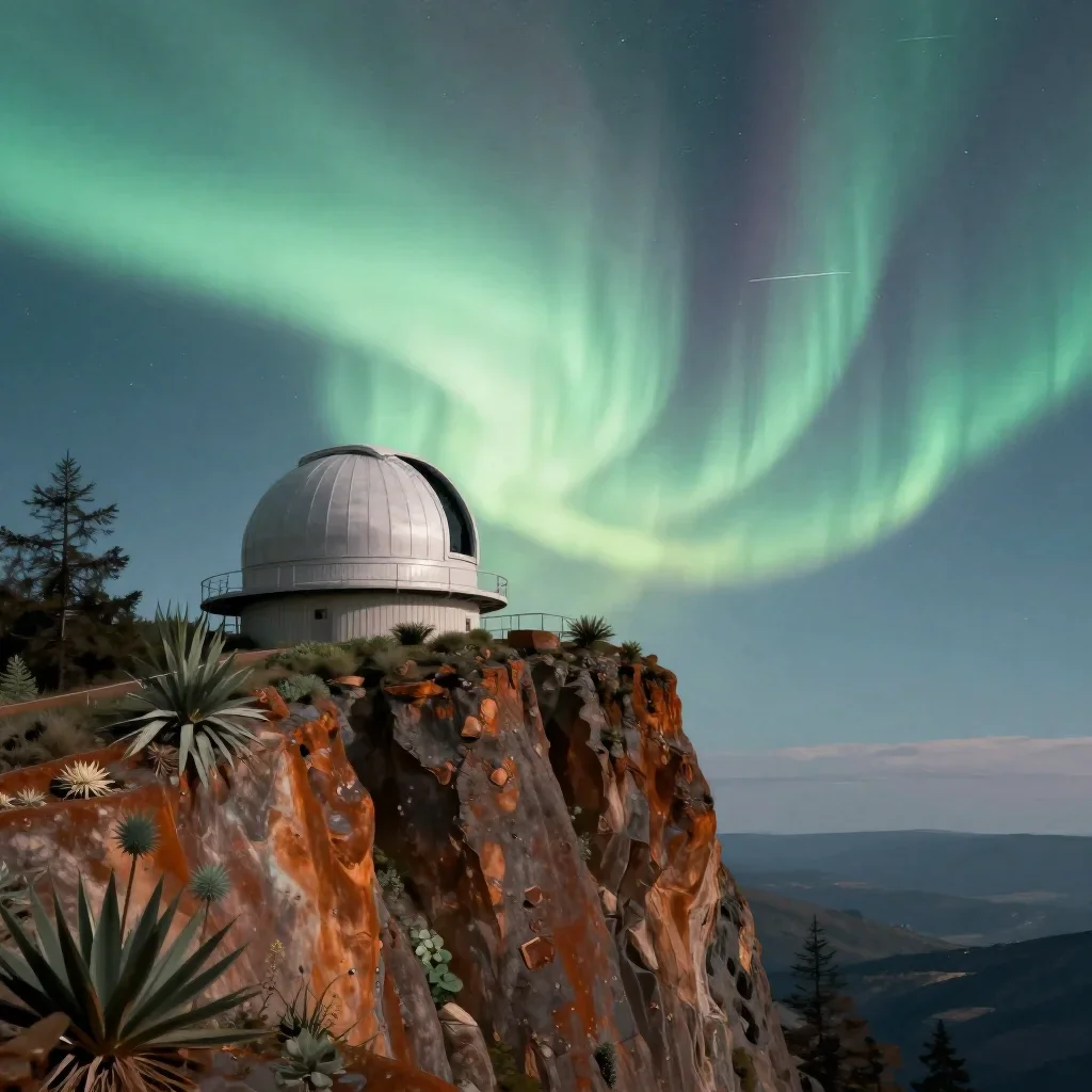 a cliffside observatory beneath an aurora, contemporary botanical illustration, atmospheric depth, rust and sage palette