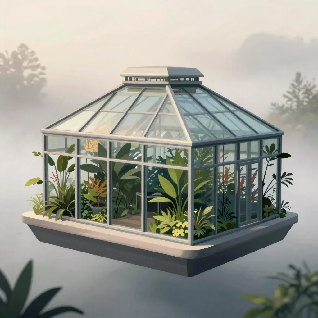 a floating botanical conservatory under soft dawn fog, contemporary botanical illustration, restrained color harmony, in