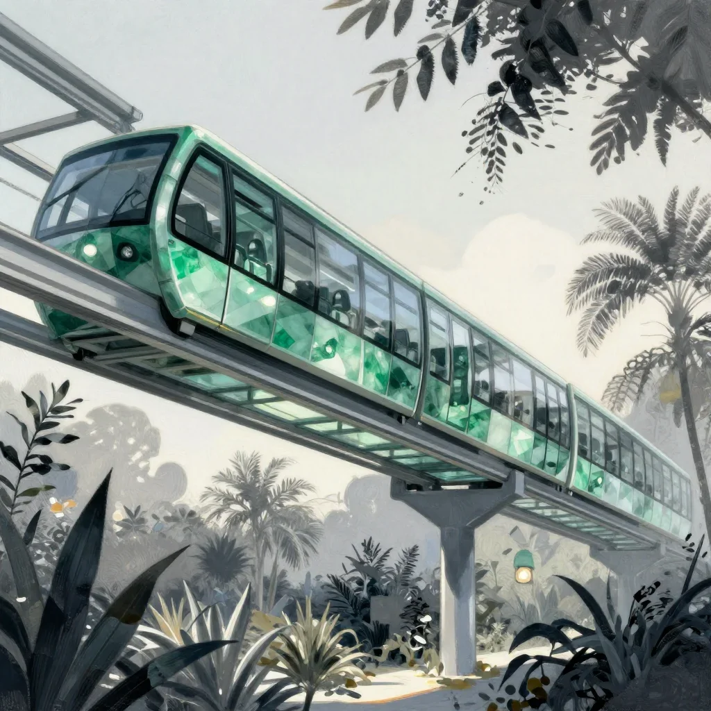 a glass monorail in crisp winter sunlight, contemporary botanical illustration, careful geometric composition, jade and