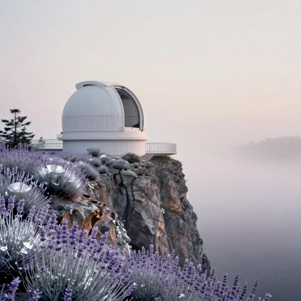 a cliffside observatory under soft dawn fog, contemporary botanical illustration, subtle film grain, lavender and silver