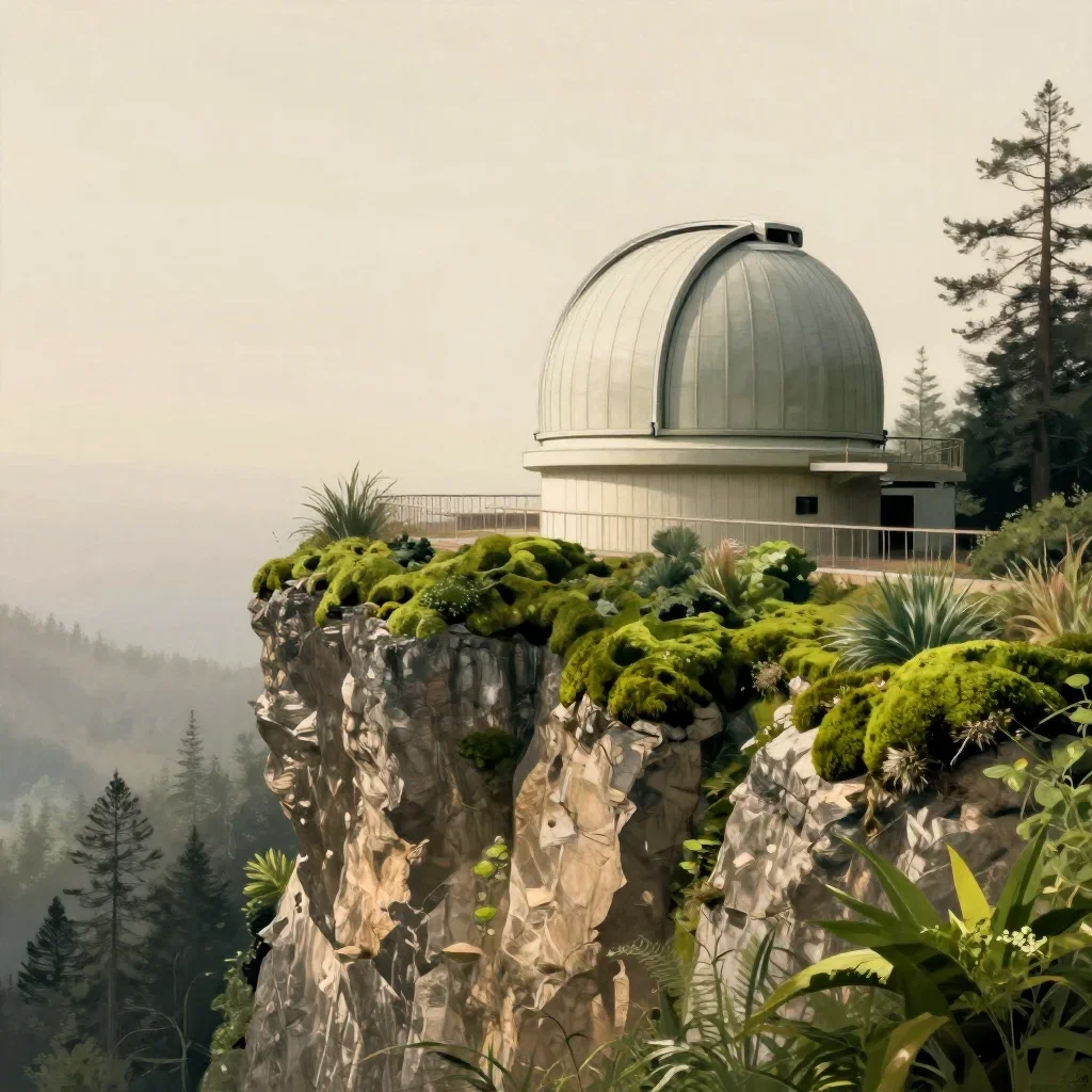 a cliffside observatory in quiet late-afternoon haze, contemporary botanical illustration, restrained color harmony, mos