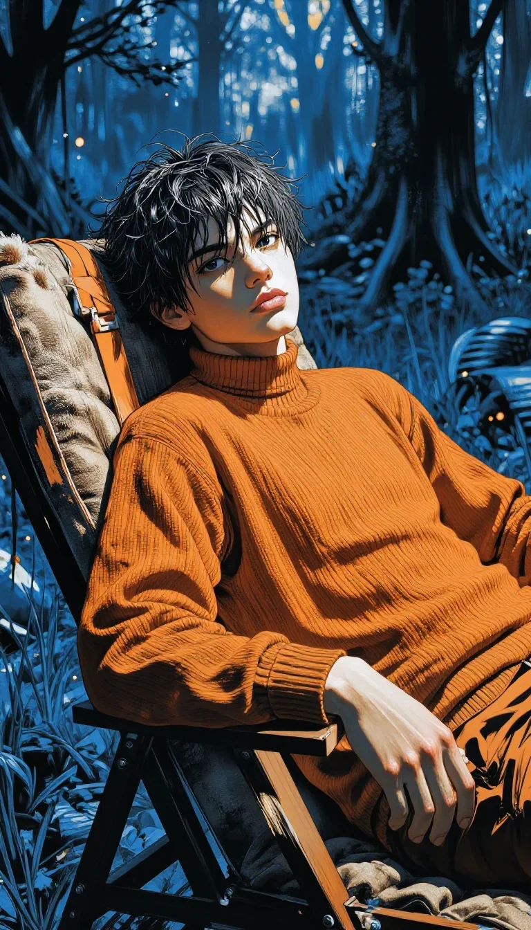 a streetwear influencer with wet-look hair reclining elegantly on a chaise, in a dewy forest clearing, editorial glamour