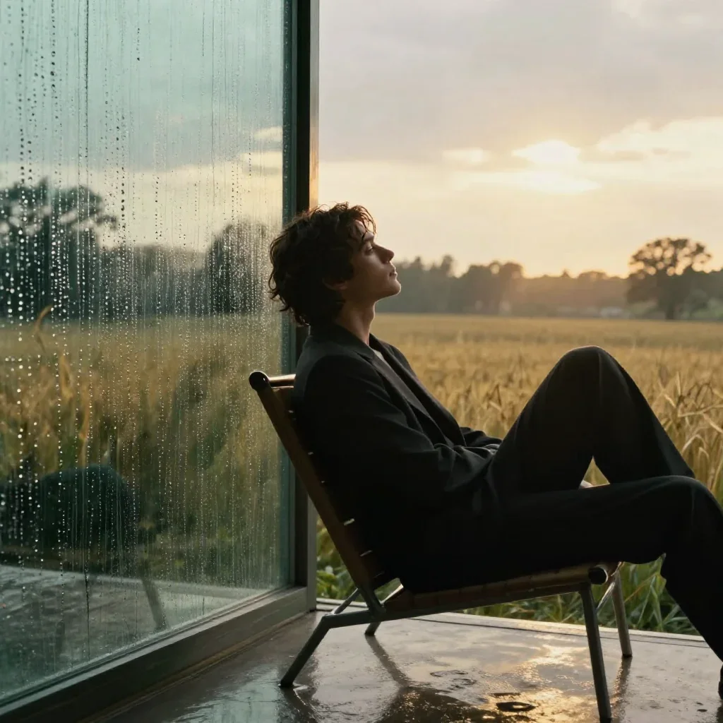 a lover leaning against rain-streaked glass reclining elegantly on a chaise, in a backlit golden-hour field, cinematic f