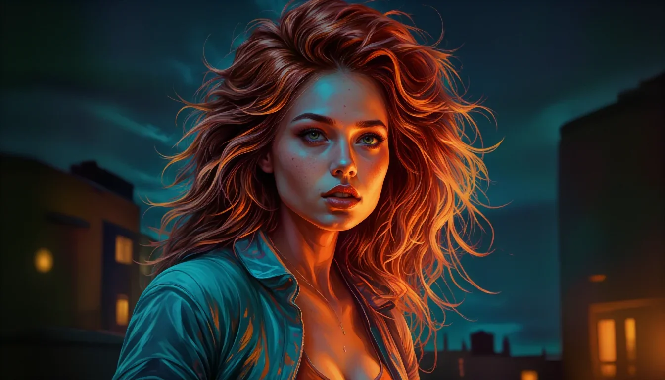 a muse with freckles and wind-tousled copper hair in a gentle reach toward the lens, on a neon-lit rooftop at midnight, neo-noir cinematic portrait, clean natural textures, cobalt and amber palette, no text, no logo,...