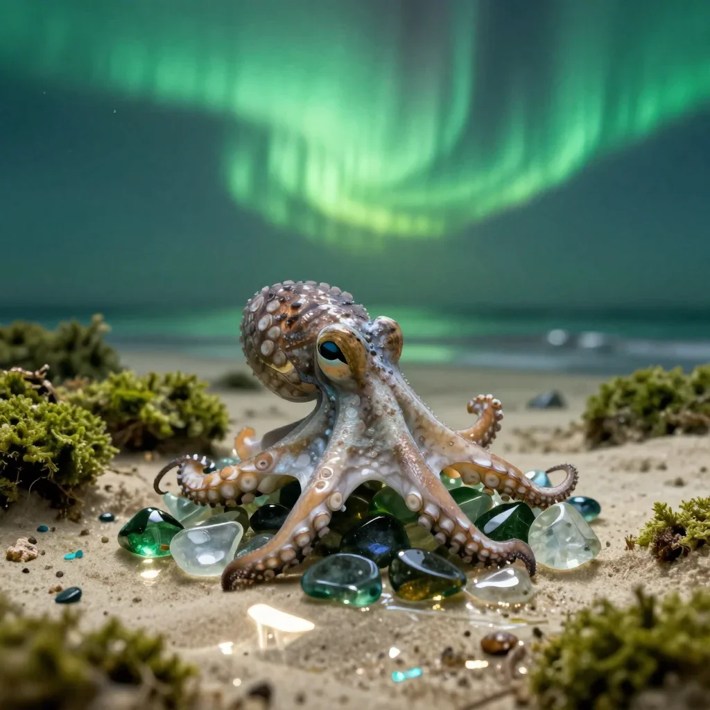 a small octopus exploring sea glass beneath an aurora, dreamlike fine-art landscape photography, gentle reflected light,